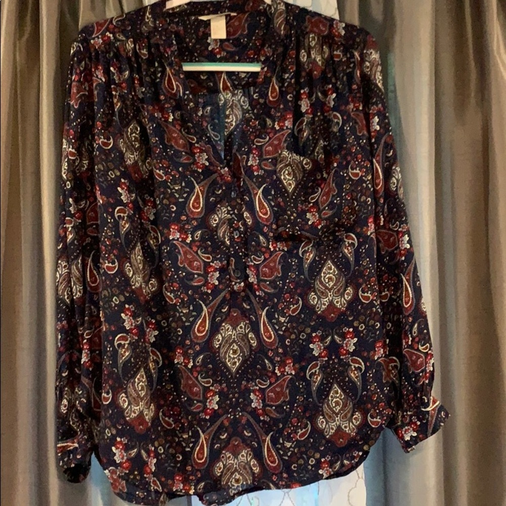 Blue, white, cranberry color blouse